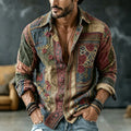 Men's Vintage Floral  Patchwork Embroidered Art Print Flowy Linen Blend Casual Shirt