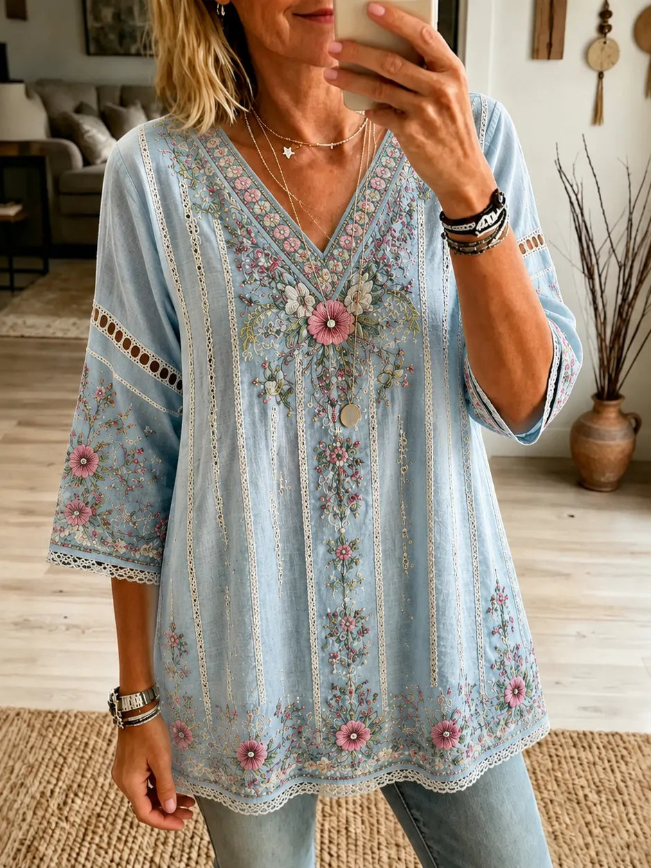 Women's Vintage Floral Embroidered Art Pattern V Neck Linen Blend T-shirt