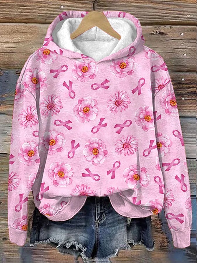 Women's Breast Cancer Pink Ribbon Floral Print Hoodie