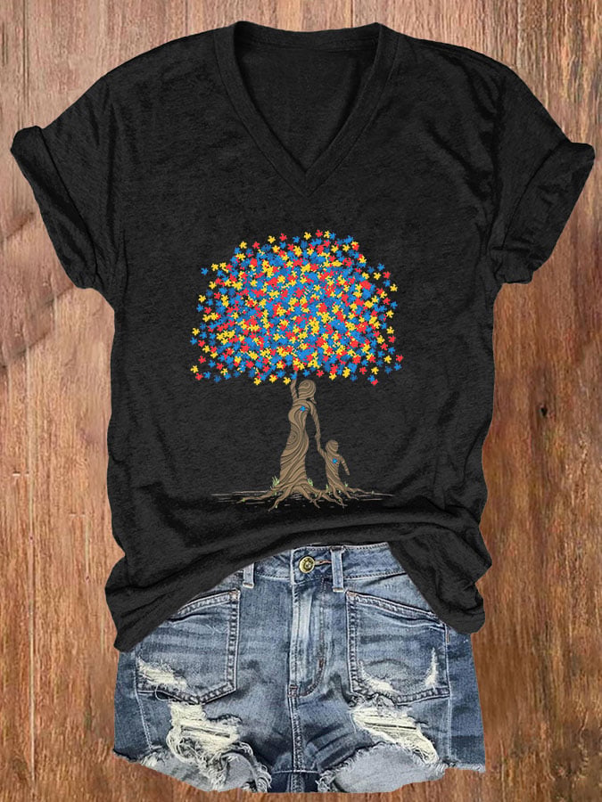 Women's Casual Autism Awareness Printed Short Sleeve T-Shirt