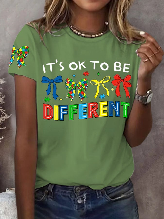 Women's It'S Okay To Be Diffrent Autism Awareness Printed Short-Sleeved T-Shirt