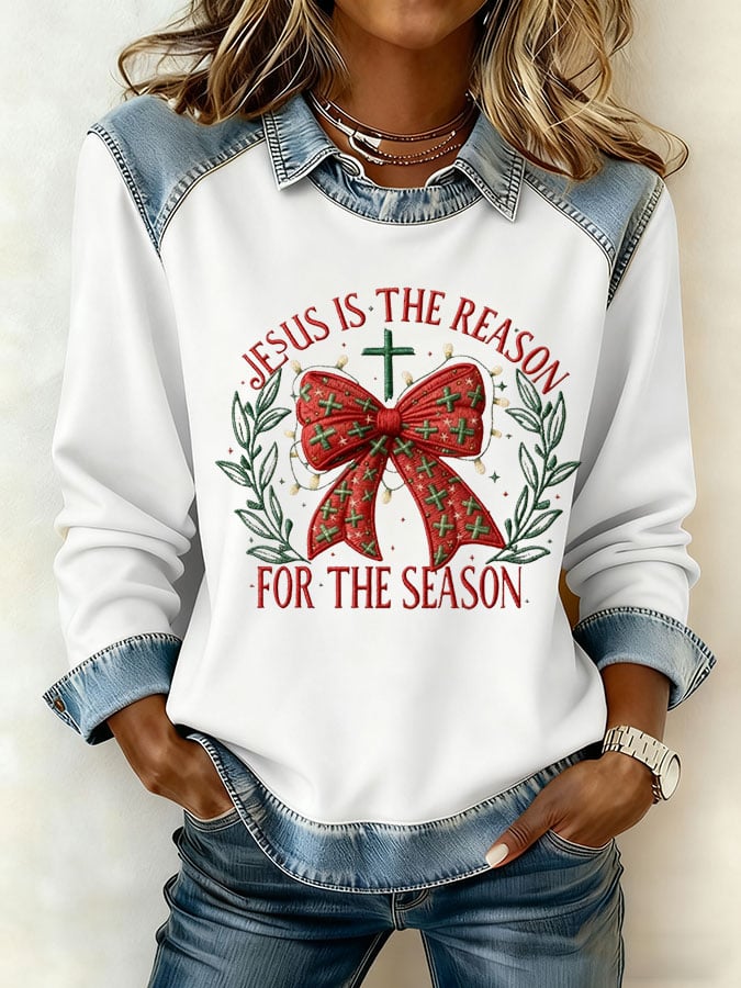 Women's Casual JESUS IS THE REASON FOR THE SEASON Denim Patchwork Sweatshirt