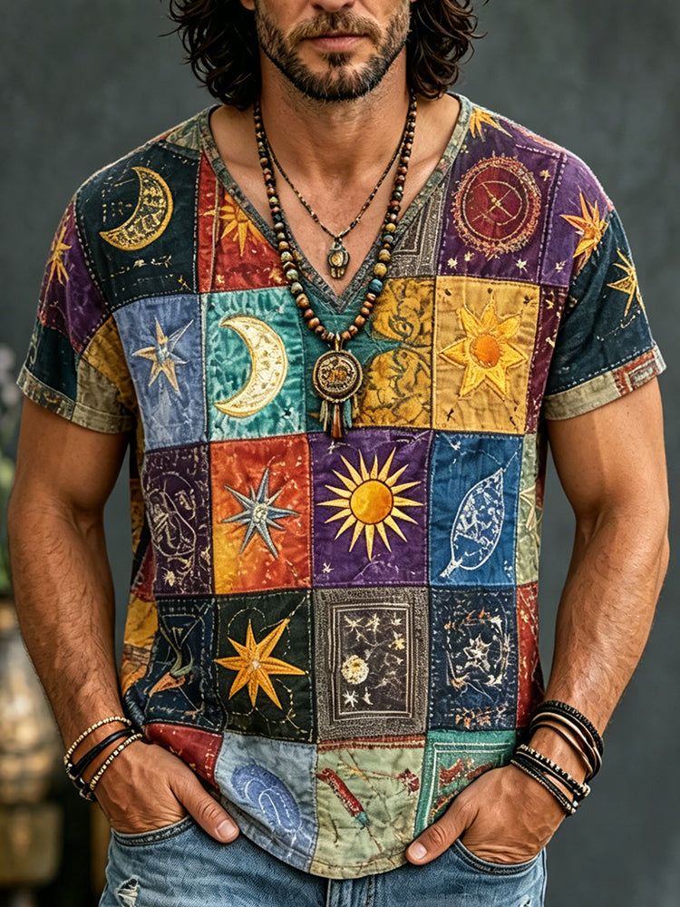 Men's Hippie Patchwork Sun Moon Art Print T-shirt