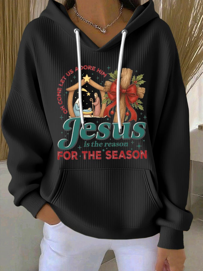 Women's Casual Christmas Nativity Print Long Sleeve Hooded Sweatshirt