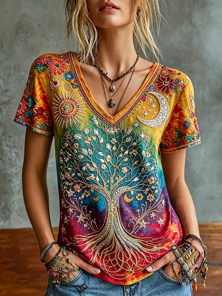 Women's Retro Hippie Tree Of Life Flower Embroidery Art V Neck Short Sleeve T-shirt