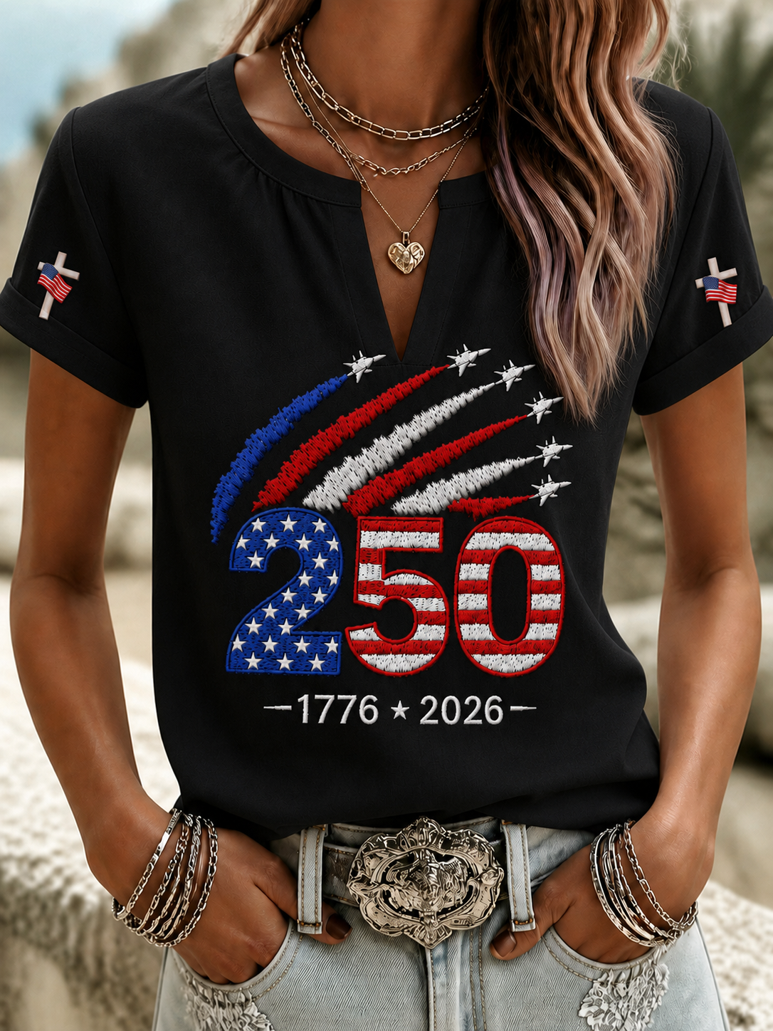 Women'S Casual Cotton Linen American Independence Day Floral Art Printed Short Sleeved T-Shirt