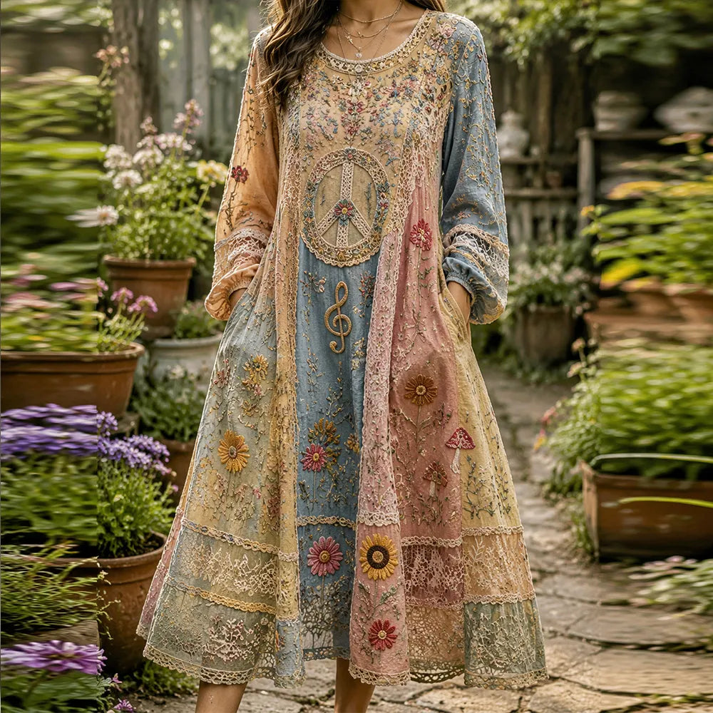 Vintage Hippie Floral And Peace Symbol Lightweight Patchwork Cotton-linen Casual Crew Neck Dress