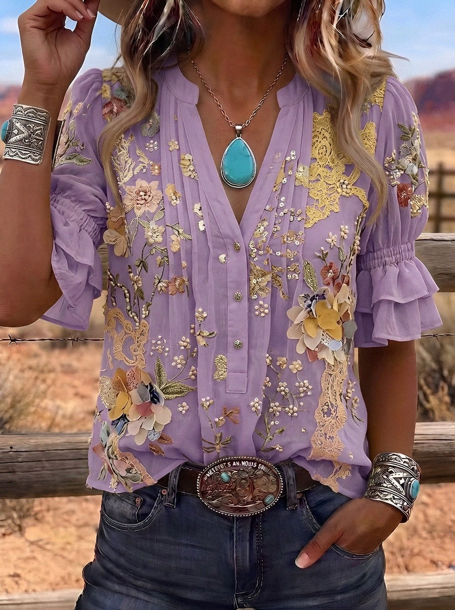 Women's Western Vintage Floral Embroidered Printed Top