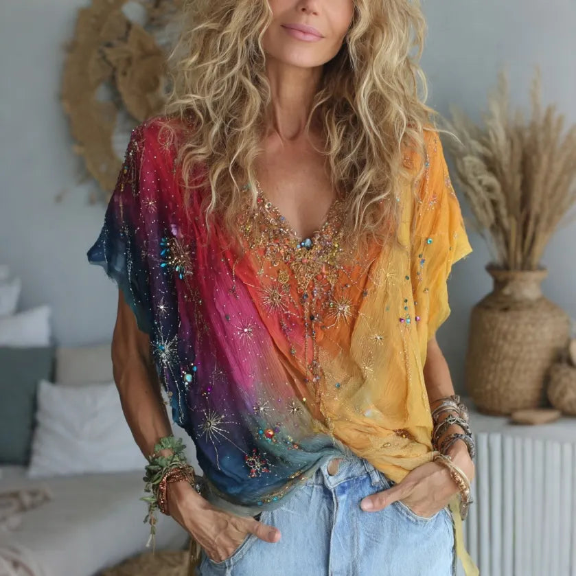 Women's Vintage Hippie Floral And Dragonfly Pattern Art Embroidered Linen Blend Short Sleeve Shirts