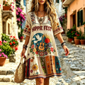 Women's Retro Patchwork Floral Hippie Print Cotton Linen Dress