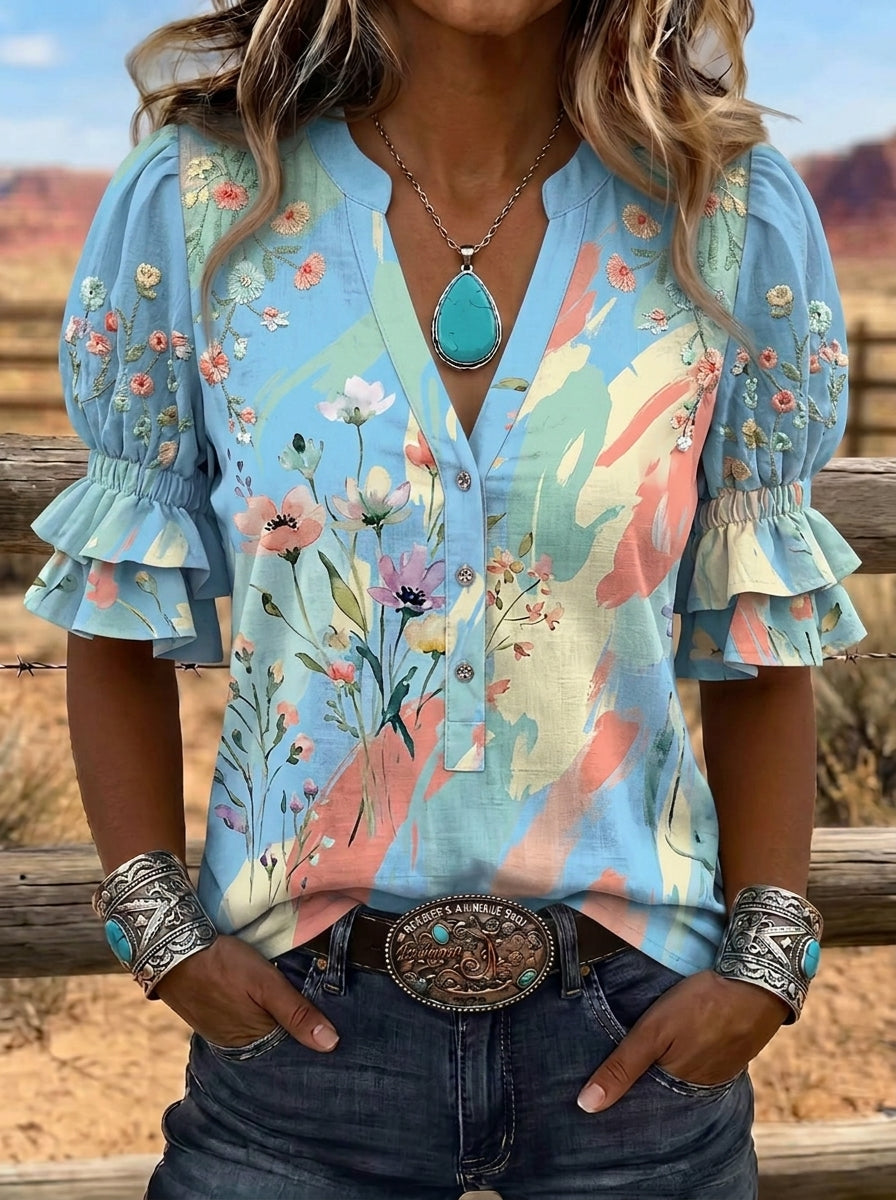 Women's Western Vintage Floral Watercolor Printed V-Neck Top