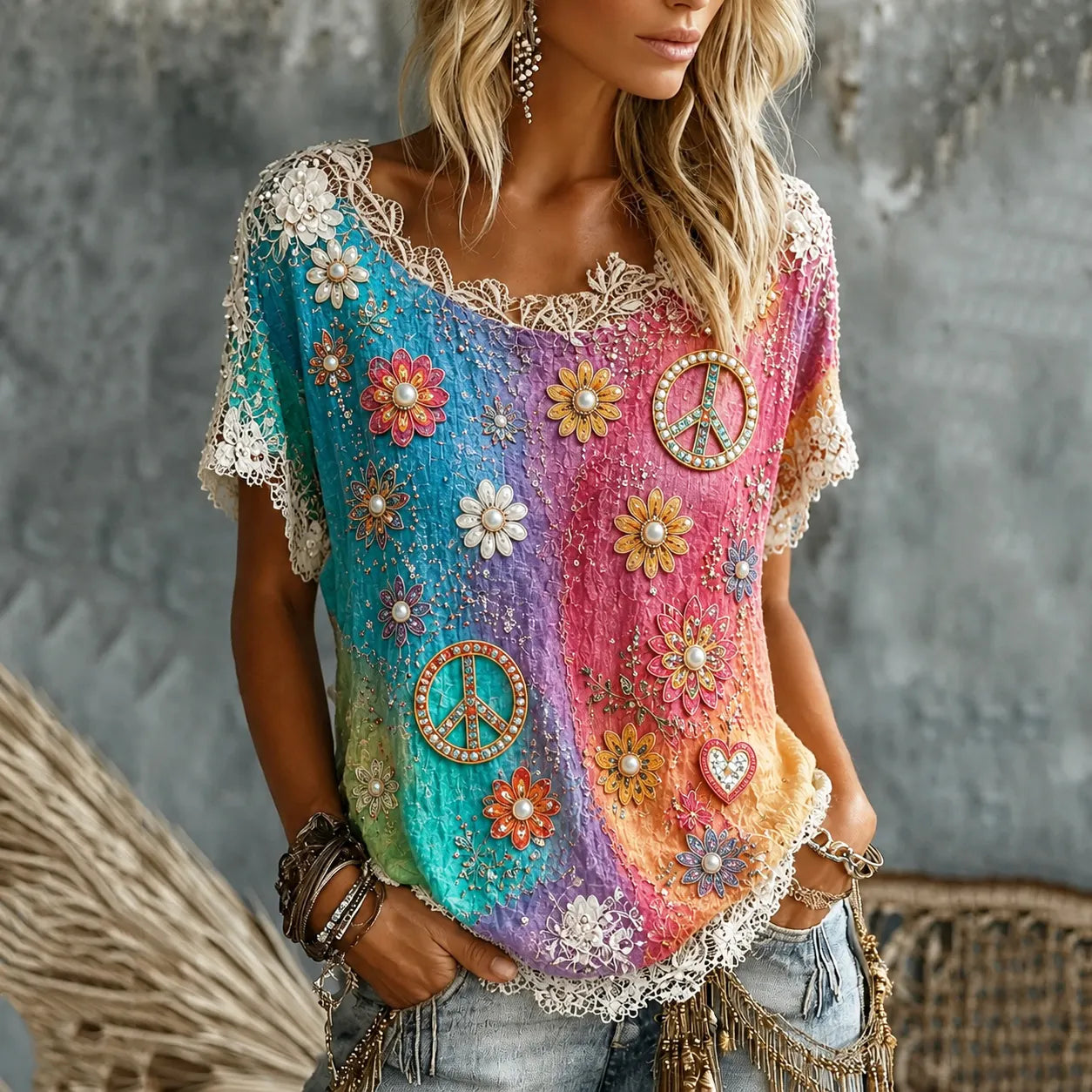 Women's Pearl Floral Peace Sign Tie Dye Art Print Casual T-shirt