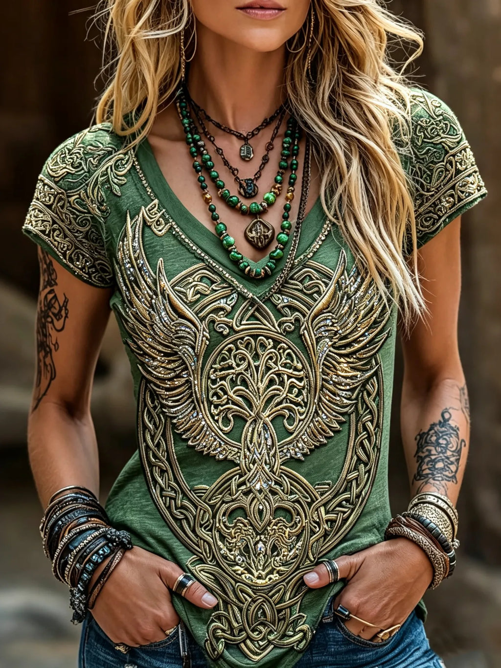 Women's Hippie Viking Pattern Art Embroidered Casual Linen Blend Shirts