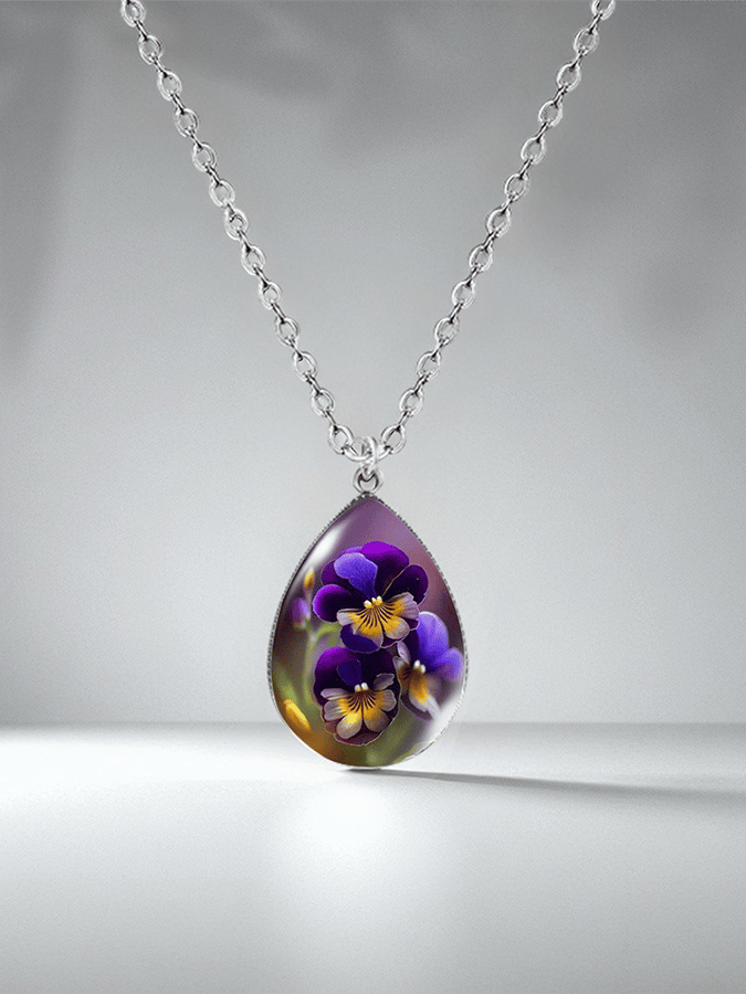 Purple Drop-Shaped Pansy Flower Design Necklace