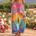 Women's Vintage Hippie Peace Floral Art Pattern Casual Linen Pants