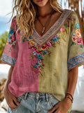 Women's Retro Breast Cancer Floral Print Long-Sleeved Top