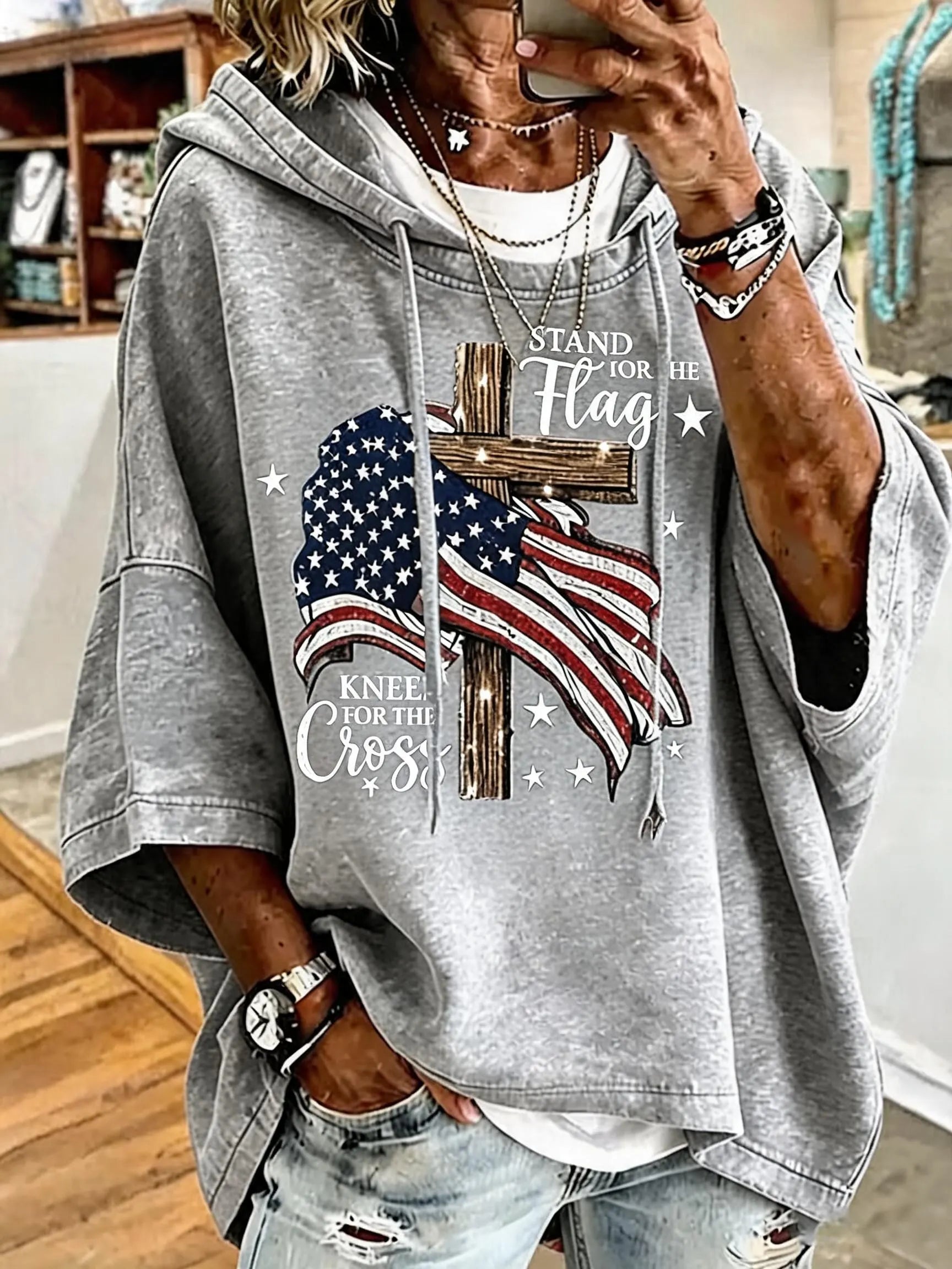 Women's Independence Day Faith Flag Print Oversized Hoodie