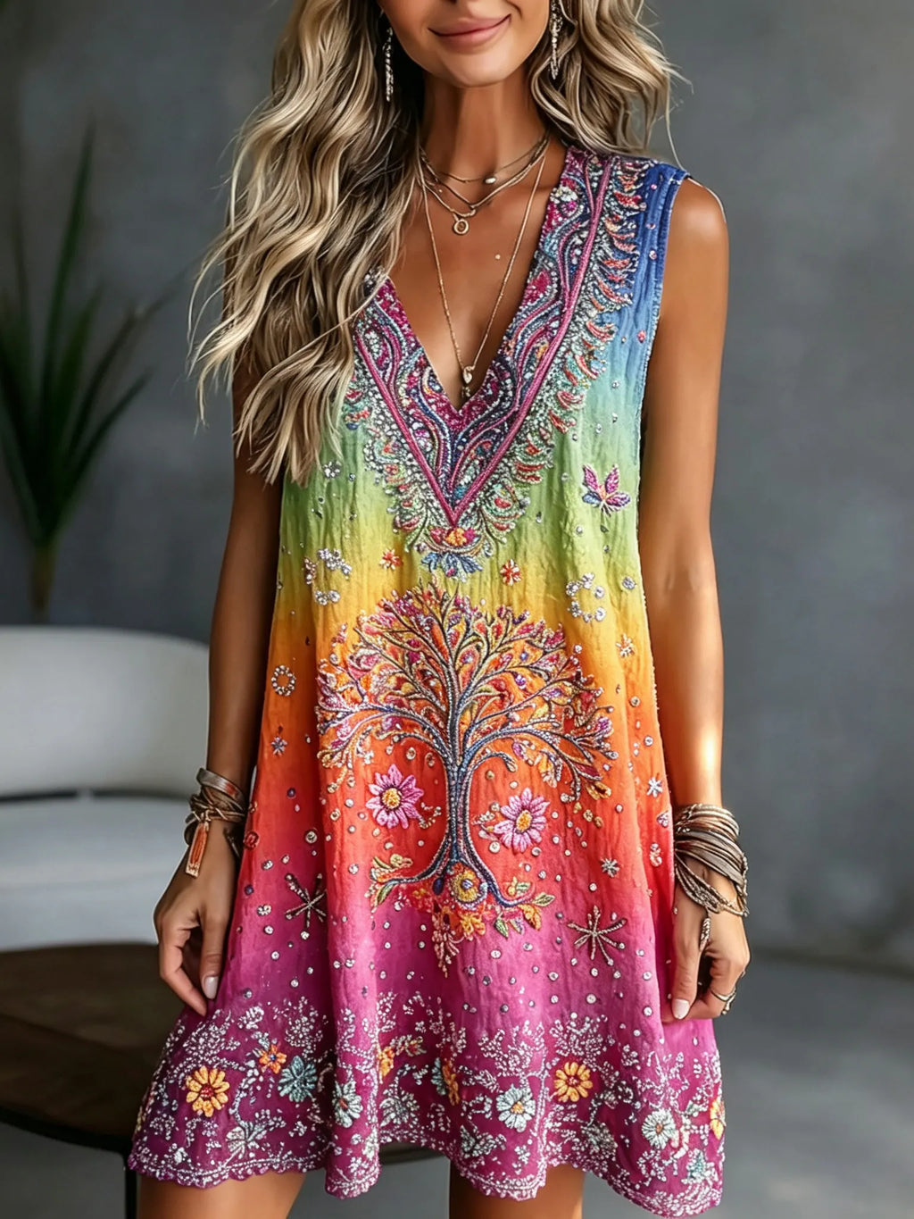 Women's Retro Hippie Style Tree Of Life Floral Art Pattern Linen Blend V-neck Dress