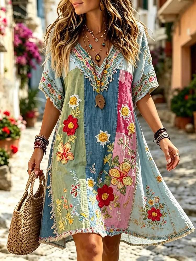 Women's Retro Floral Patchwork Art Cotton Linen Casual Dress