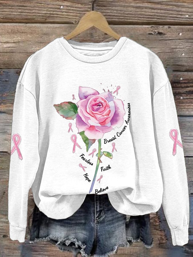 Women's Breast Cancer Pink Ribbon Rose Fearless Faith Hope Print Long Sleeve Round Neck Sweatshirt