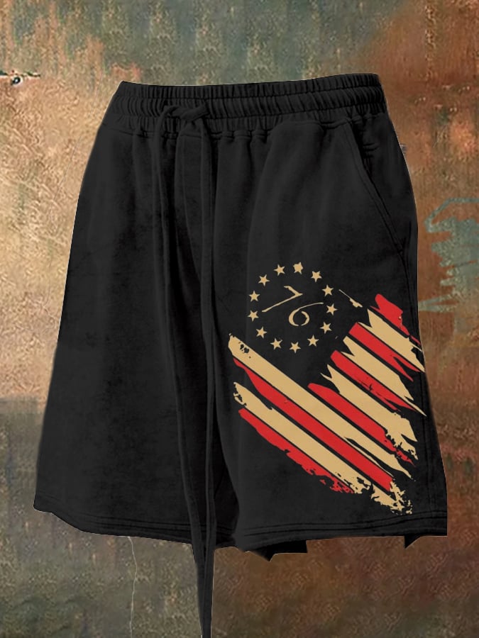 Men's Independence Day 1776 Flag Print Straps Loose Shorts