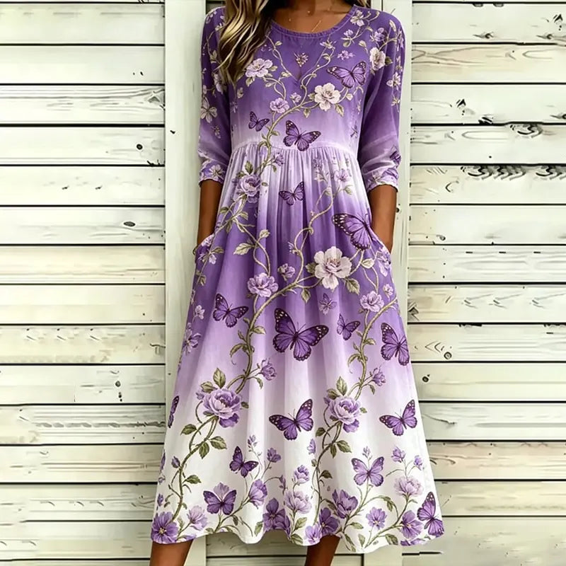 Women's Vintage Floral And Butterfly Print Linen Blend Midi Dress