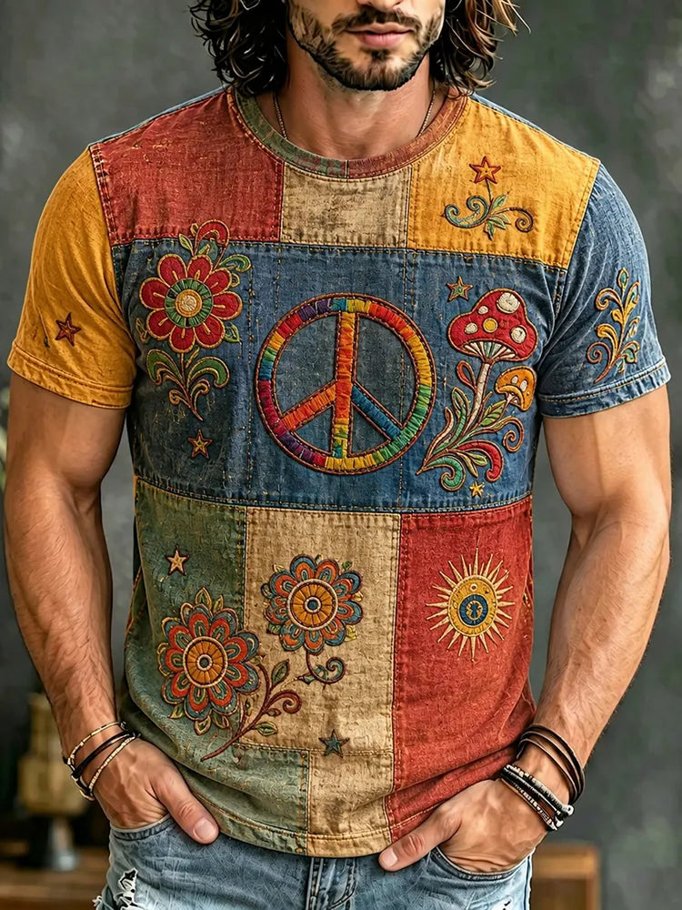 Men's Vintage Hippie Flower Peace Art Patchwork Design Short Sleeve T-shirt