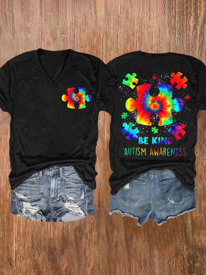V-neck Retro Autism Awareness Be Kind Print T-Shirt