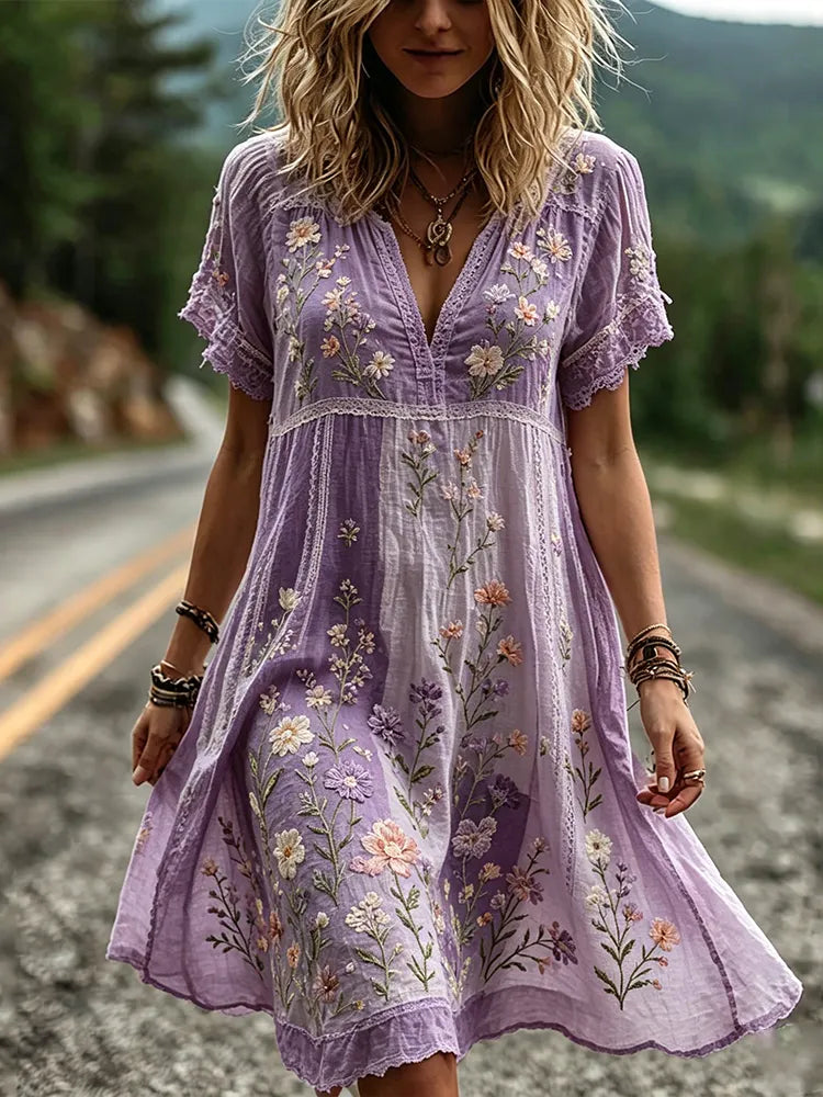 Women's Floral And Lace Art Splicing Purple Washed Cotton Linen Short Sleeve Dress