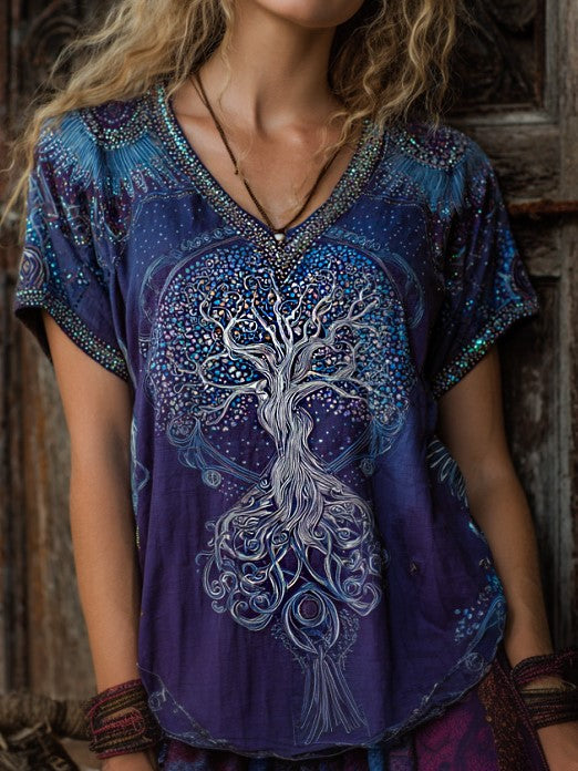 Women's Retro Bohemian Style Tree Of Life Print V-neck T-shirt