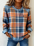 Women'S Casual Round Neck  Patchwork Plaid Print Pullover Sweatshirt