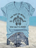 Women's Retro The Gulf Of Mexico Est 1550 Stay Salty And Resist Print T-Shirt