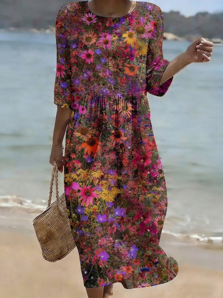 Women's Vintage Colorful Floral Art Print Casual Round-neck Dress