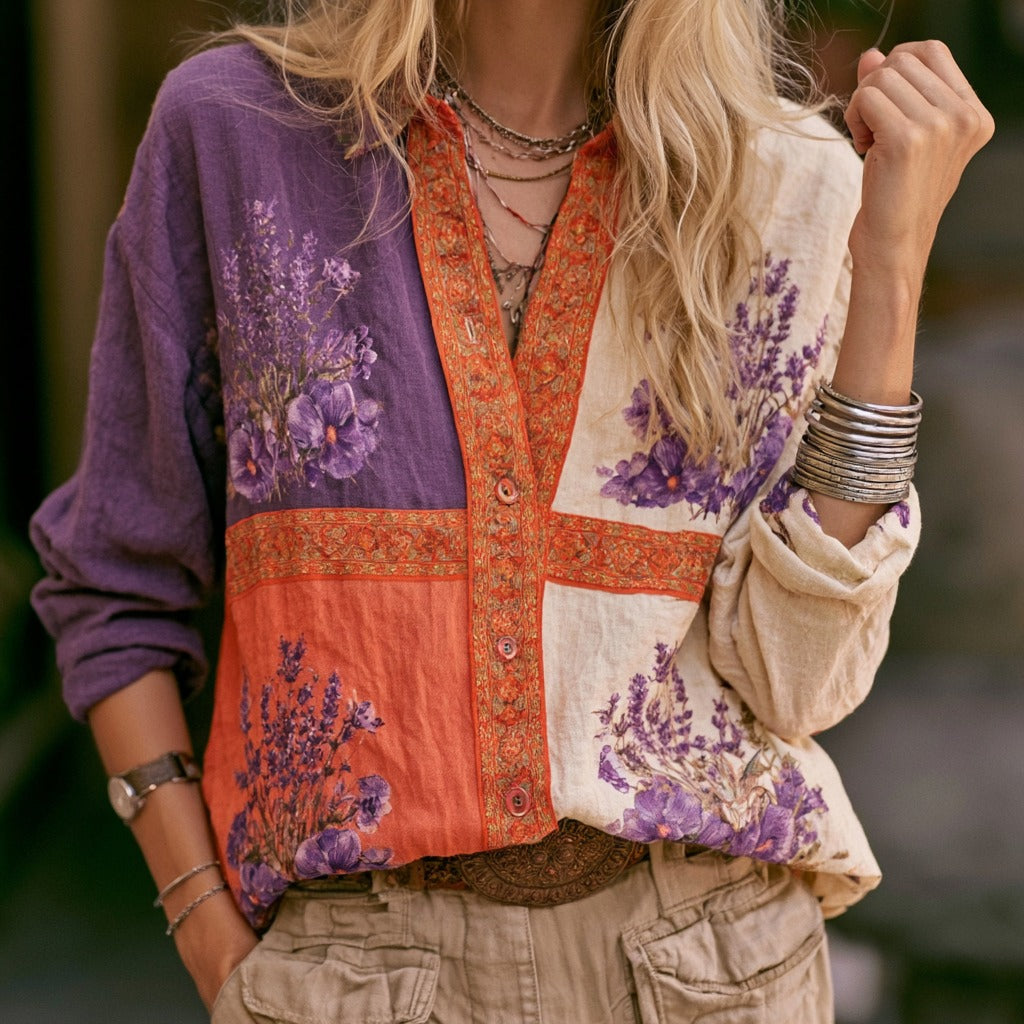 Women's Retro Purple Floral Color-blocked Casual Long-sleeved Shirt