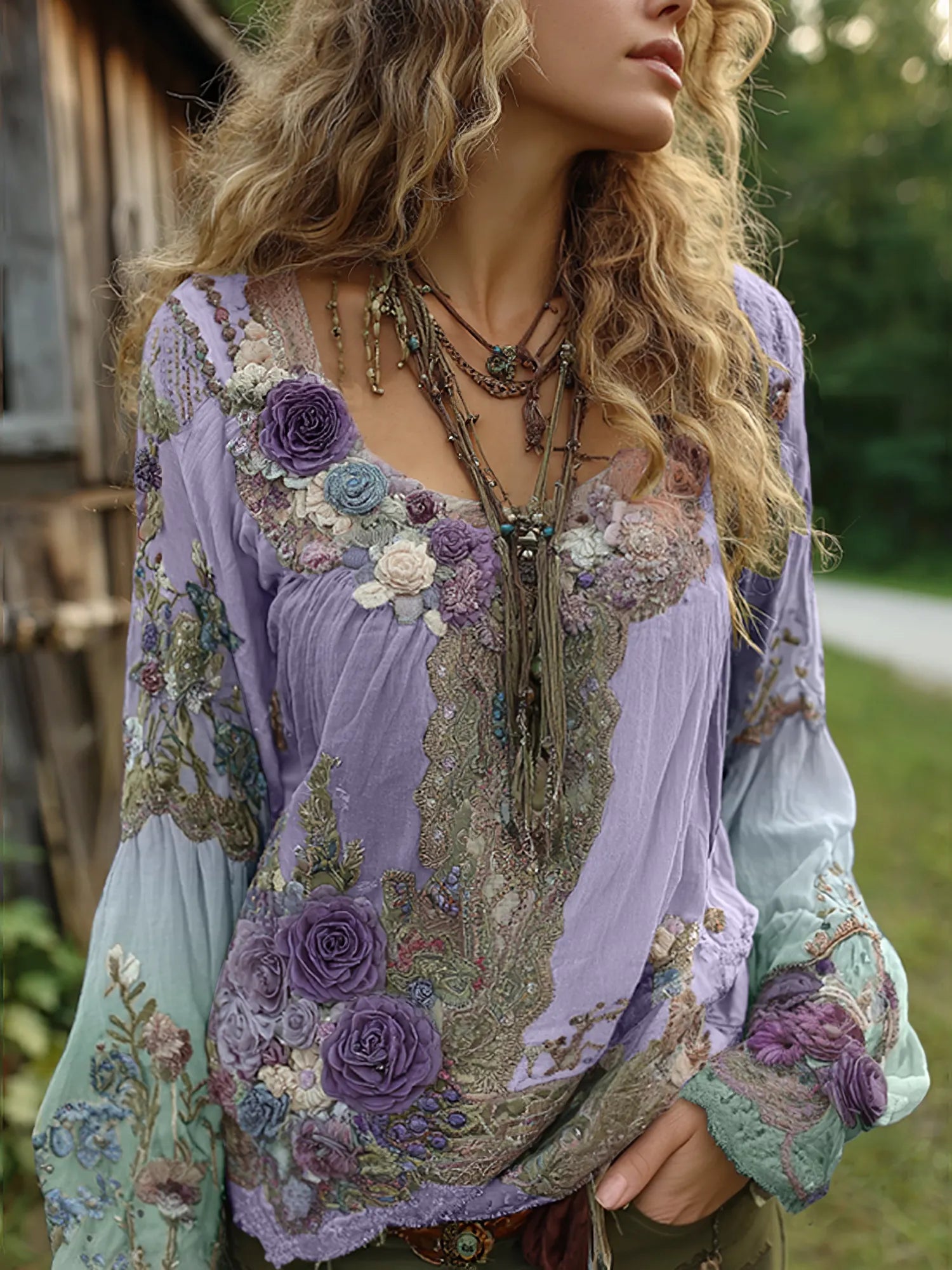 Vintage Purple Lavender And Floral Embroidered Linen Long Sleeve Shirt