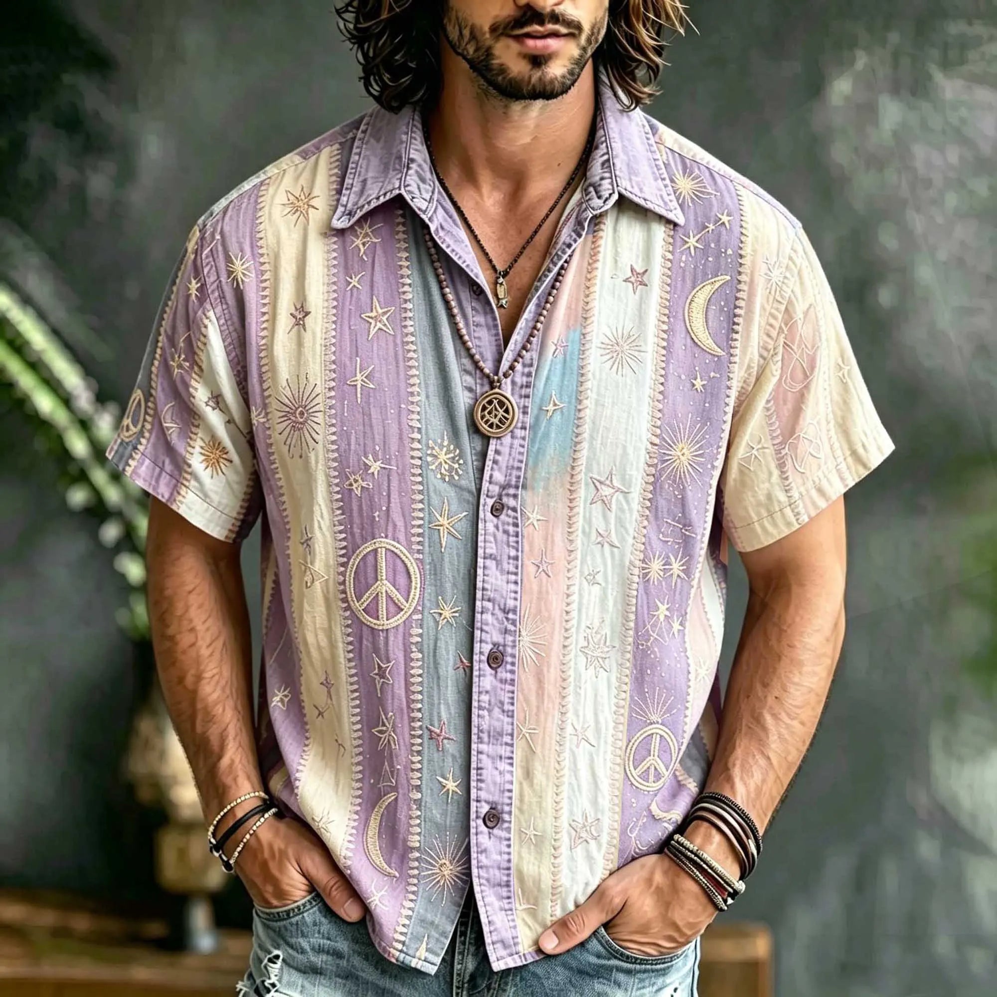 Vintage Hippie Stripe Patchwork Linen Shirt, 3d Embroidery Star & Crescent Casual Summer Short Sleeve Top