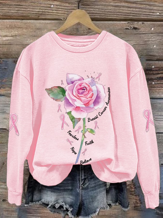 Women's Breast Cancer Pink Ribbon Rose Fearless Faith Hope Print Long Sleeve Round Neck Sweatshirt