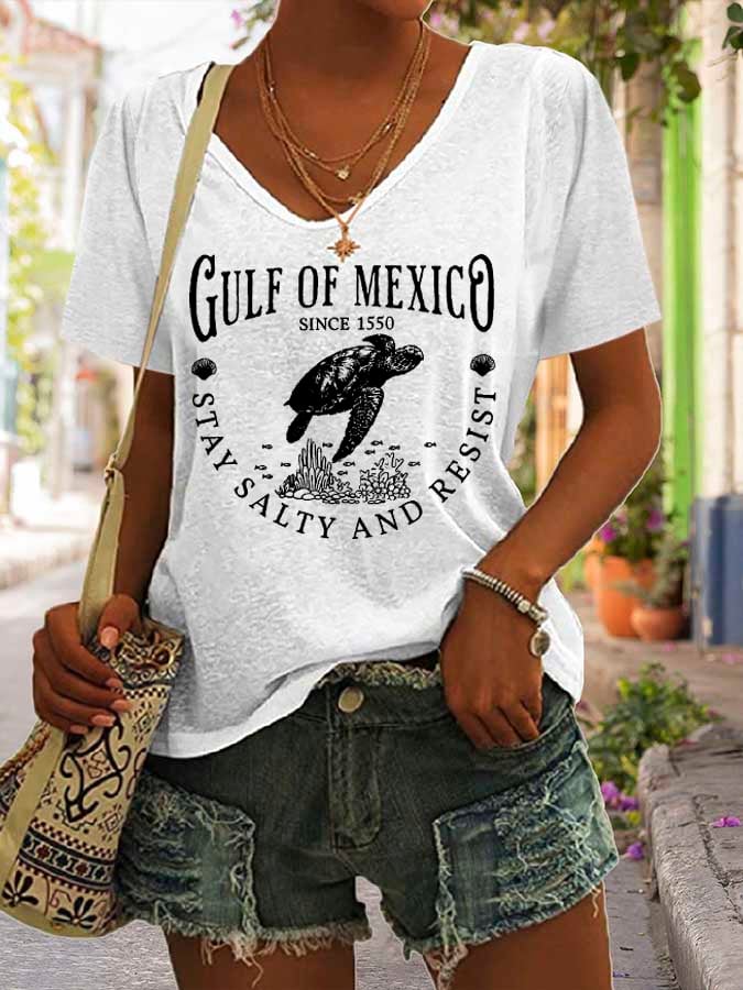 Women's Gulf Of Mexico Print V Neck Casual T-Shirt