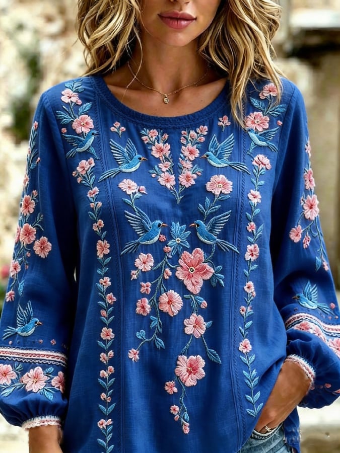 Women's Casual Retro Short-Sleeve Top with Floral Breast Cancer Awareness Print
