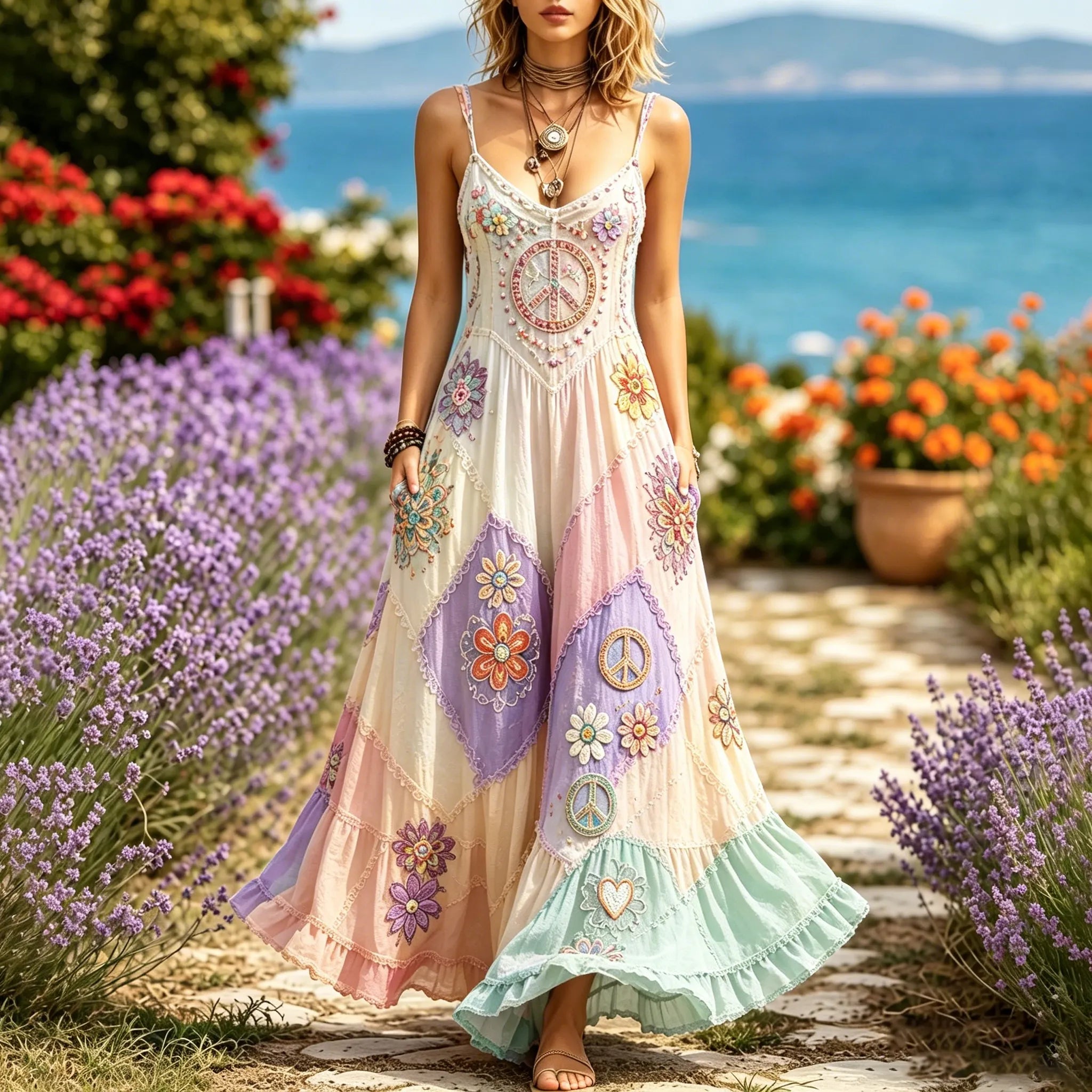 Women's Hippie Floral Peace Sign Contrast Patchwork Sleeveless Dress
