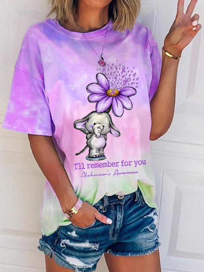 Women's Elephant I Will Remember For You Alzheimer's Awareness Tie Dye Print Tee