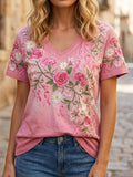 Women's Breast Cancer Awareness Floral Art V-Neck Short-Sleeve T-Shirt