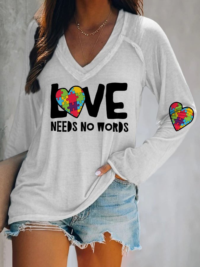 V-neck Retro Autism Awareness Love Needs No Words Print T-Shirt
