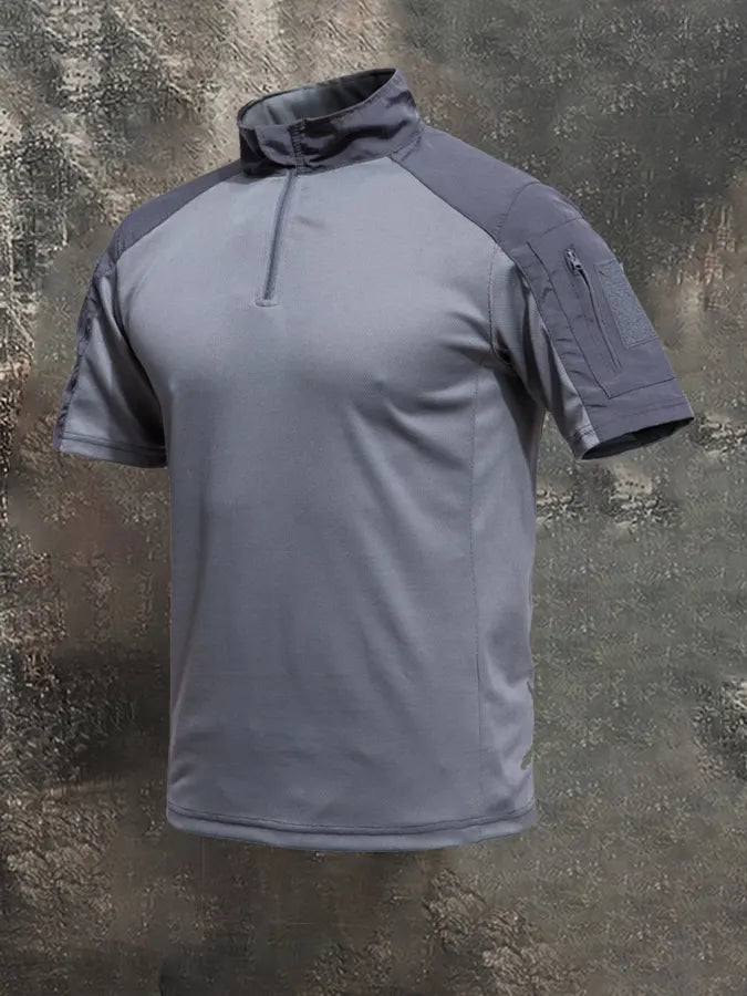 Men's Breathable Military-Style Short-Sleeve Shirt with Stand Collar and Zipper