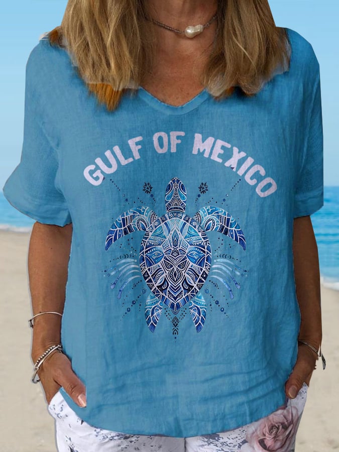 Women's Gulf Of Mexico Print Casual V-Neck Cotton and Linen Top