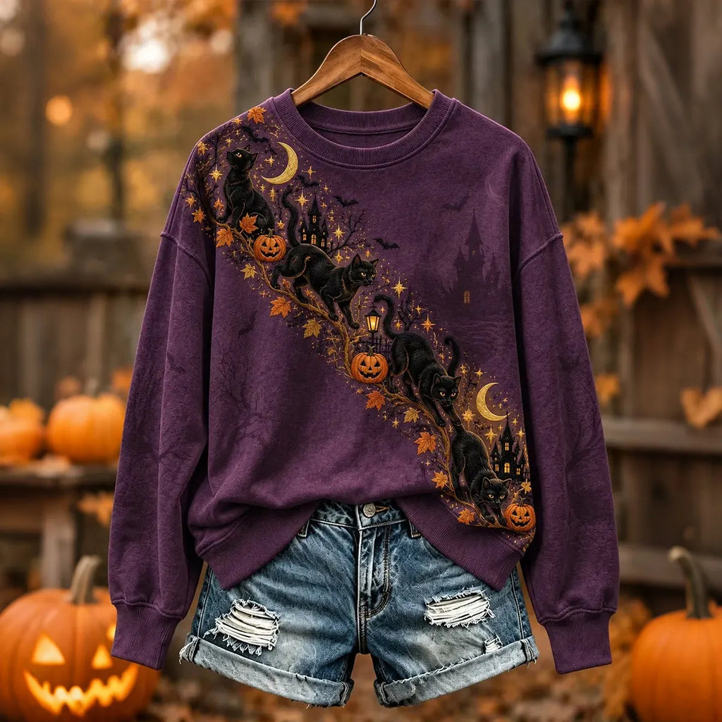 Women's Halloween Fun Cat-print Crewneck Sweatshirt