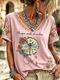 Women's Casual Retro Short-Sleeve Top with Floral Breast Cancer Awareness Print