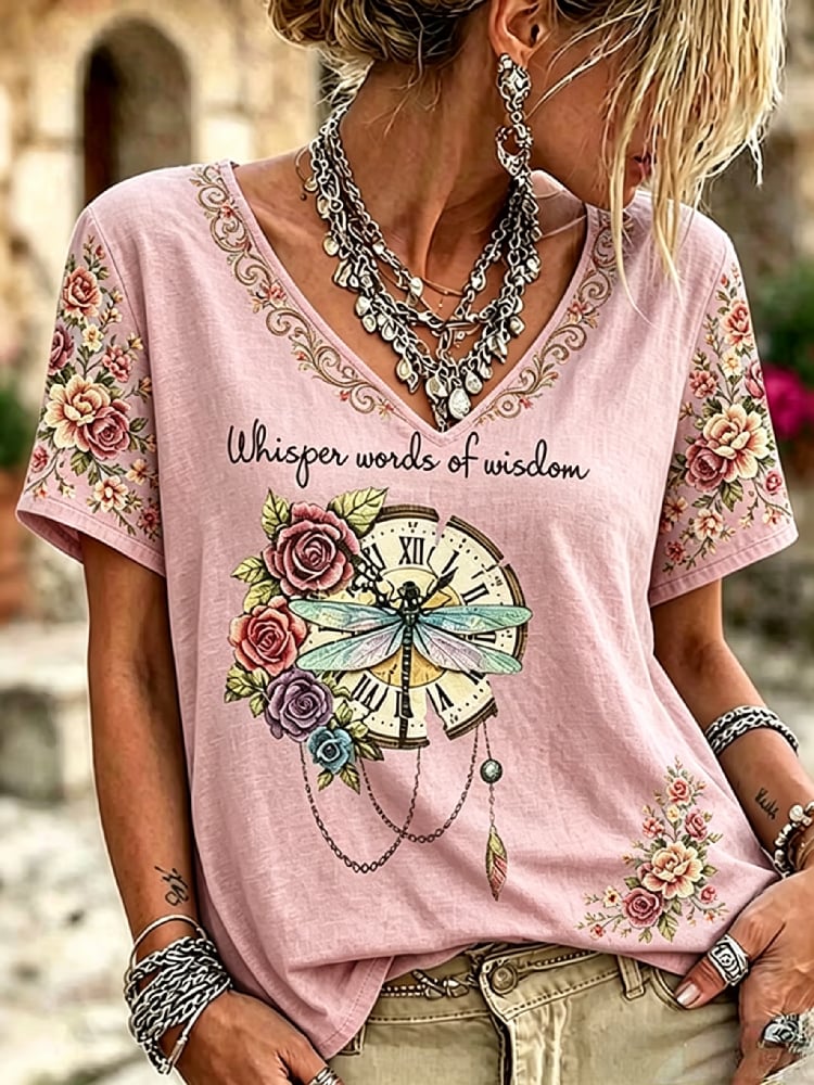 Women's Casual Retro Short-Sleeve Top with Floral Breast Cancer Awareness Print