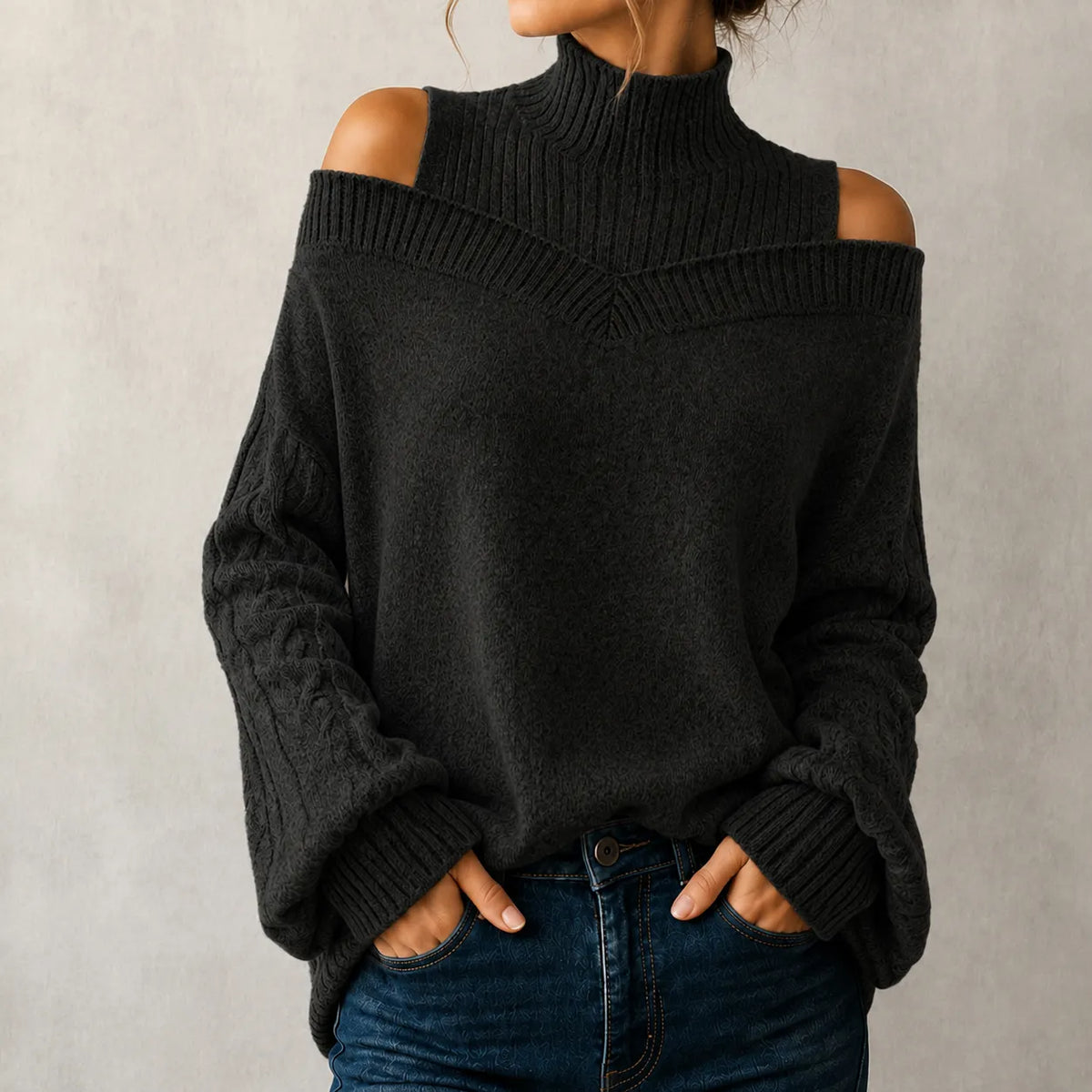 Elegant Off-shoulder Turtleneck Sweater