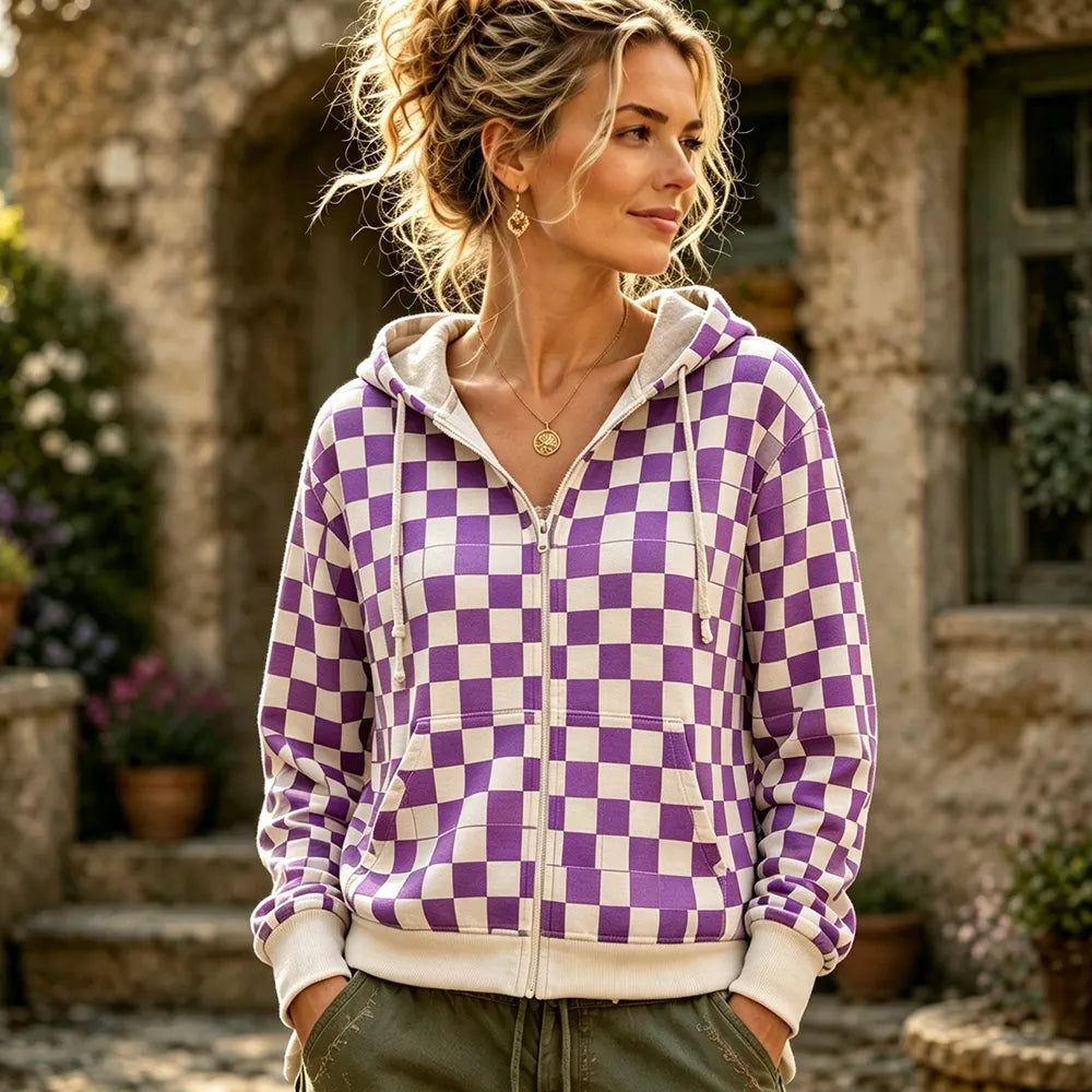 Women's Casual Zip-up Hoodie - Purple And White Checkered Checkerboard Print Outerwear